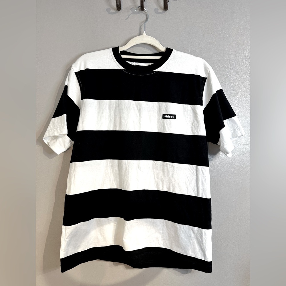 Stüssy Bold Striped Crewneck Short Sleeve Tee Black & White Size Small